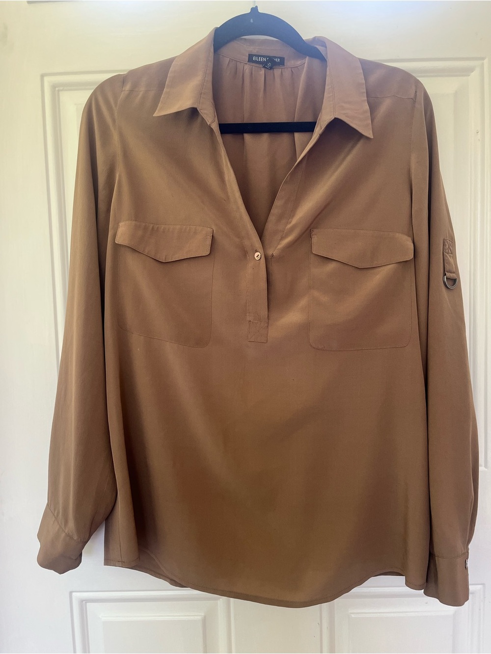 Eileen Fisher Brown Small Utility-Style Button-Front Blouse 100% Silk